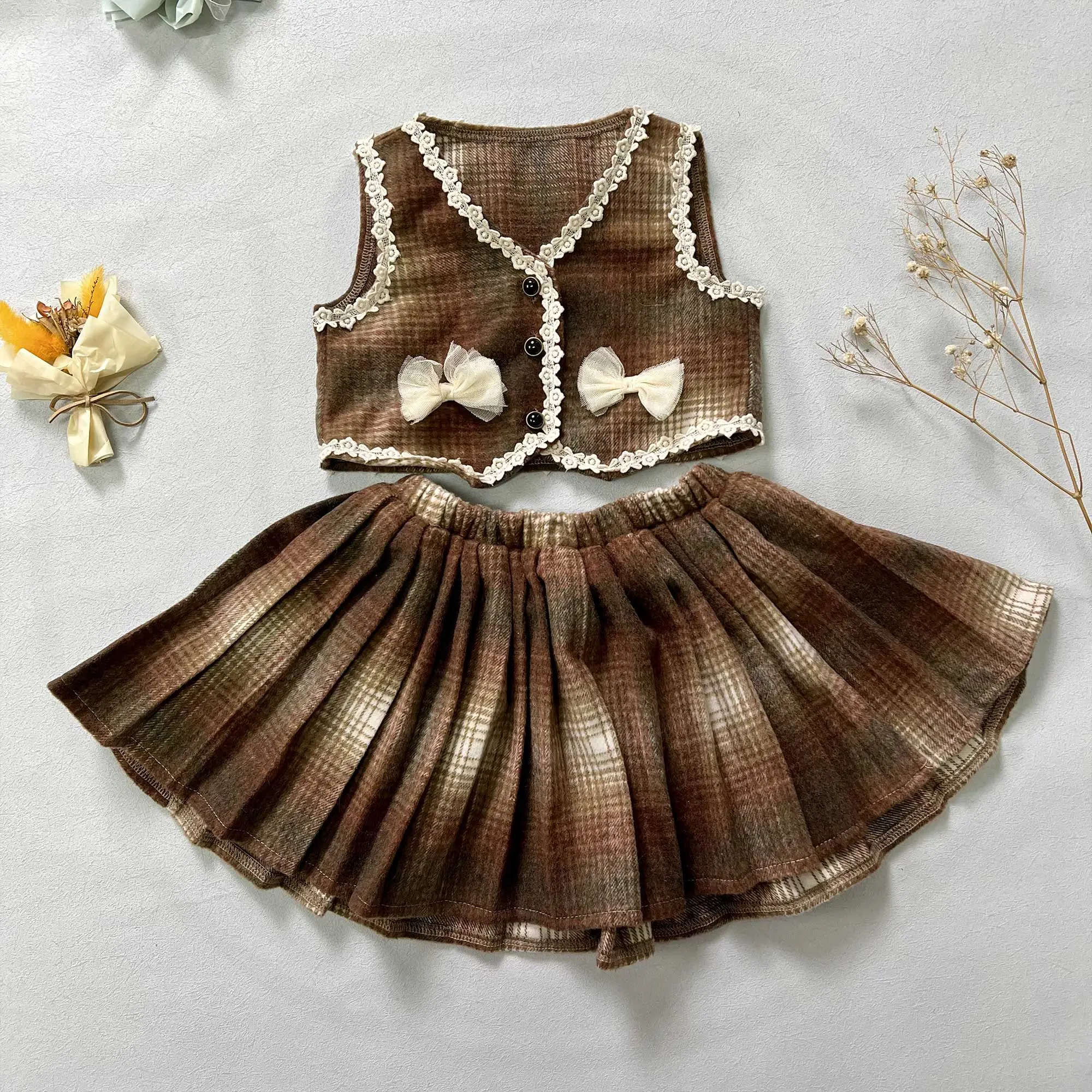Sleeveless Plaid Woolen Vest with Skirt Set Decorated with Bowknot and Ruffles Costume for Children Girl Cloth Birthday Party
