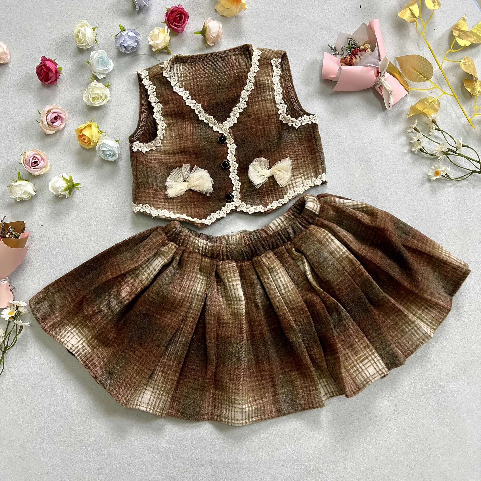 Sleeveless Plaid Woolen Vest with Skirt Set Decorated with Bowknot and Ruffles Costume for Children Girl Cloth Birthday Party