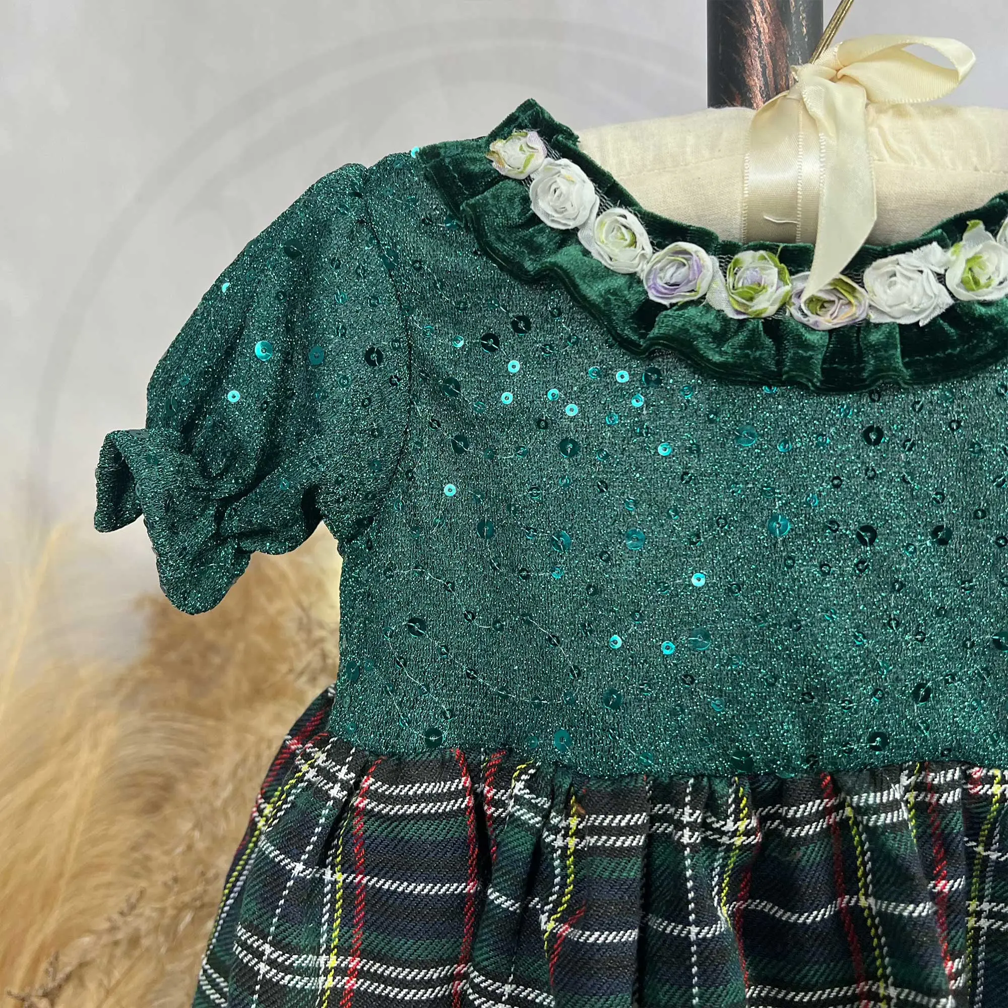Sequin Puff Sleeves Paired with Plaid Dress Costume for Children Girl Cloth Christmas First Communion Gown Photography Shooting