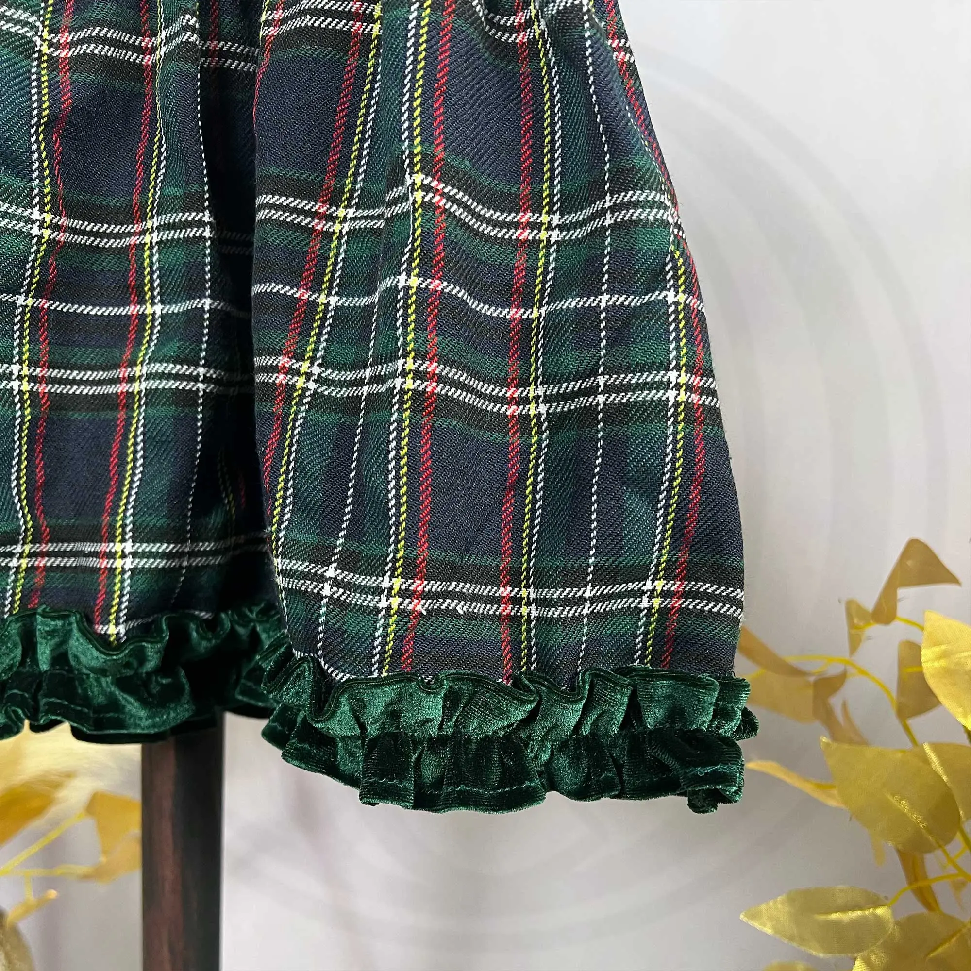 Sequin Puff Sleeves Paired with Plaid Dress Costume for Children Girl Cloth Christmas First Communion Gown Photography Shooting