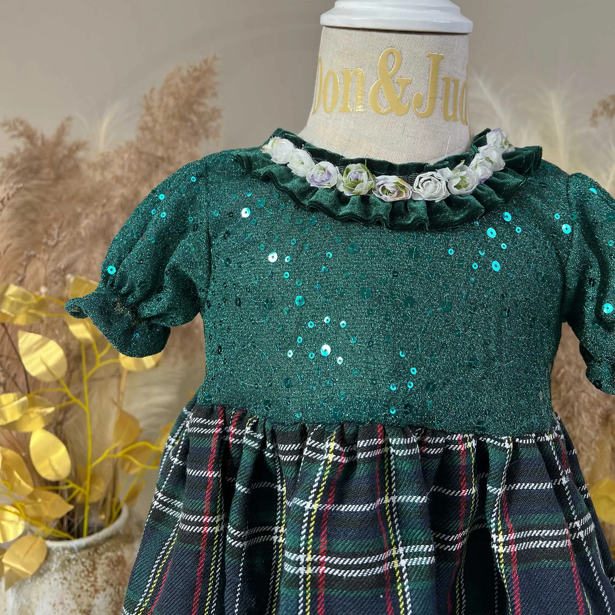 Sequin Puff Sleeves Paired with Plaid Dress Costume for Children Girl Cloth Christmas First Communion Gown Photography Shooting