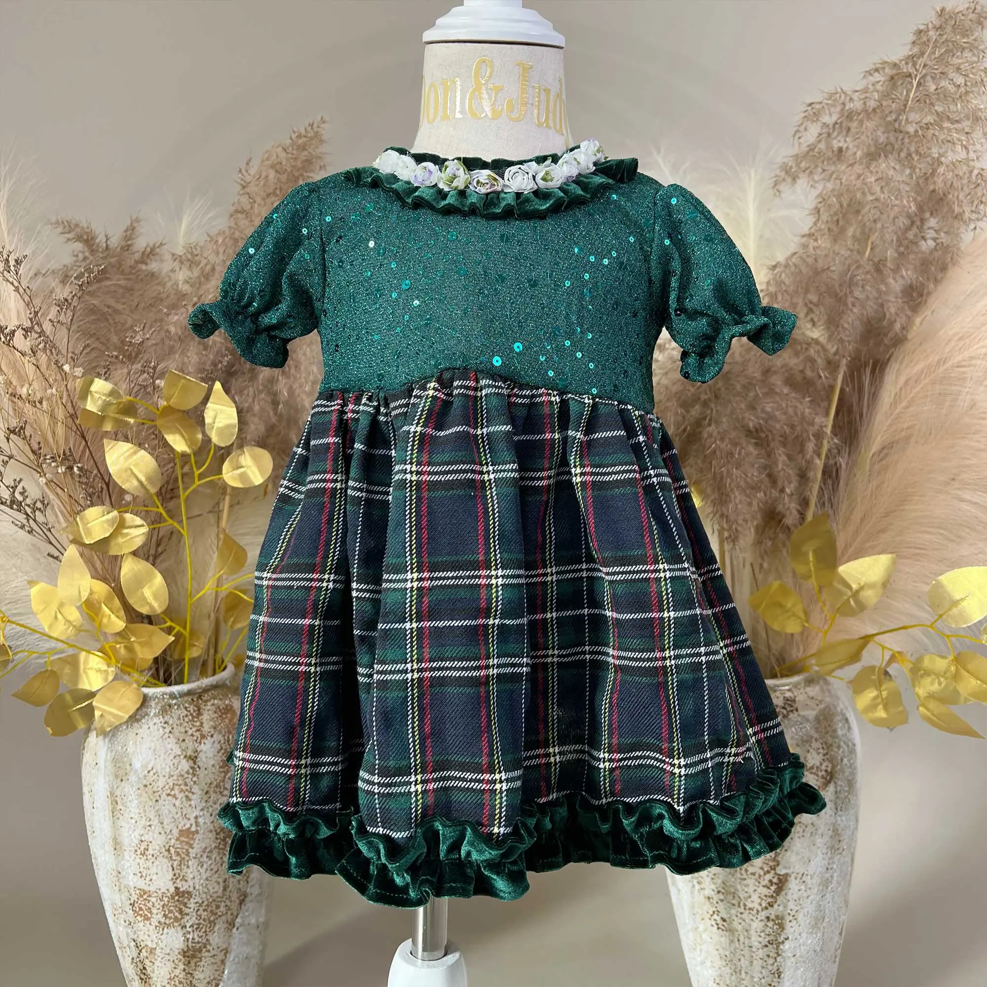 Sequin Puff Sleeves Paired with Plaid Dress Costume for Children Girl Cloth Christmas First Communion Gown Photography Shooting