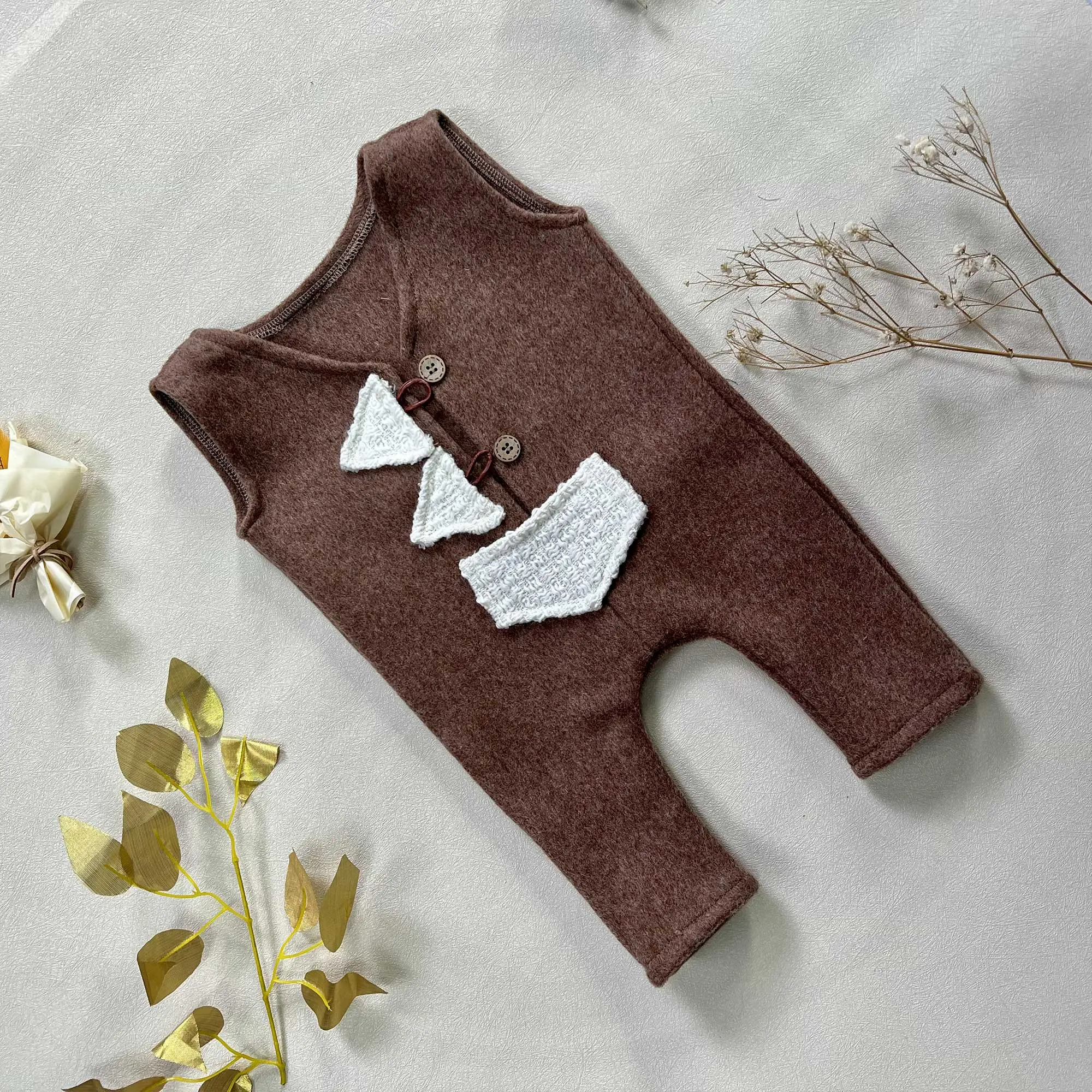 1-2 Years Brown Wool Blend Vest with White Fabric Trim Jumpsuit Cool Birthday Party Outfit Sets Photography Studio Photo Prop
