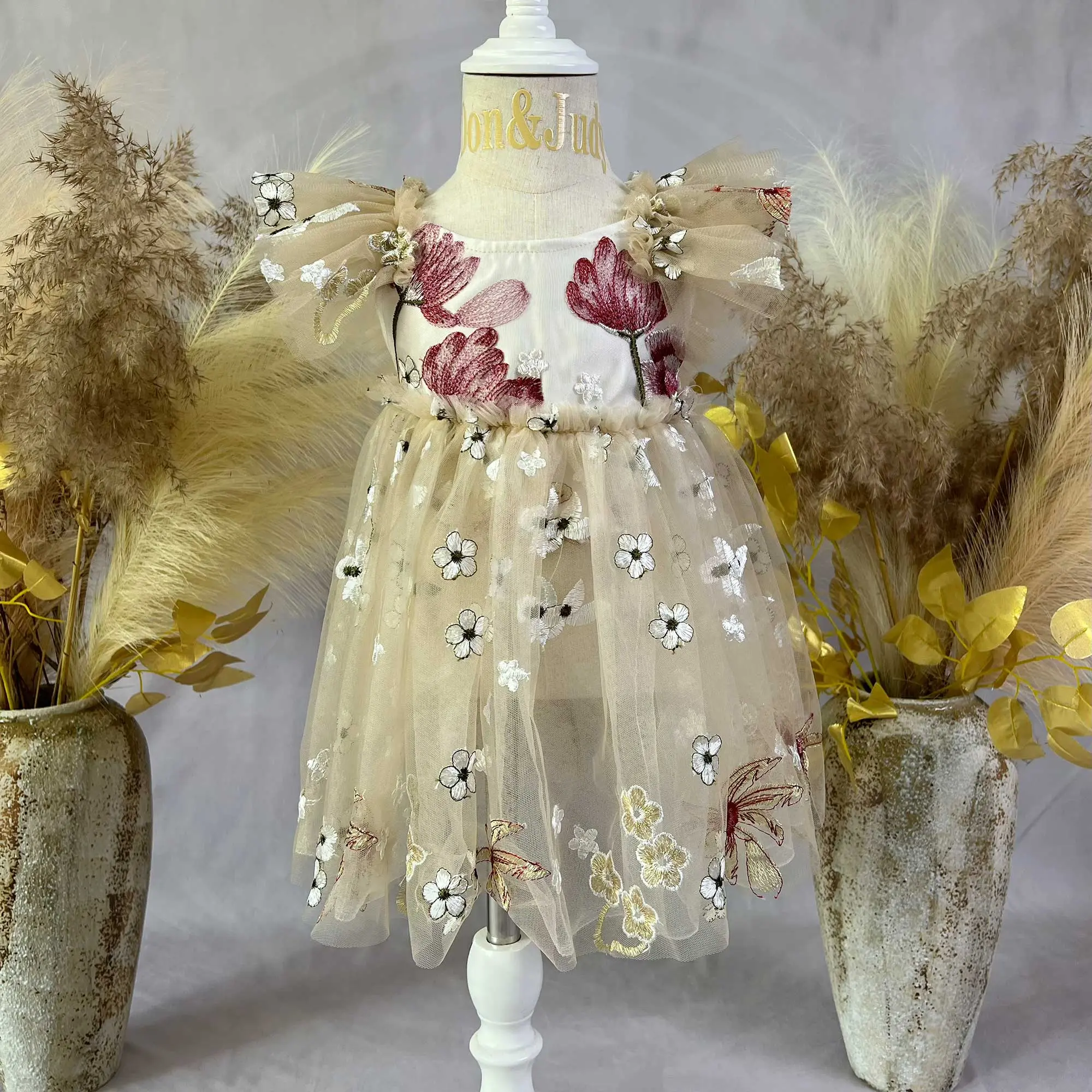 Children's Sleeveless Organza Embroidery Pleated Lace Dress Birthday Ceremonial Ball Flower Girl Gowns Photography Photo Prop