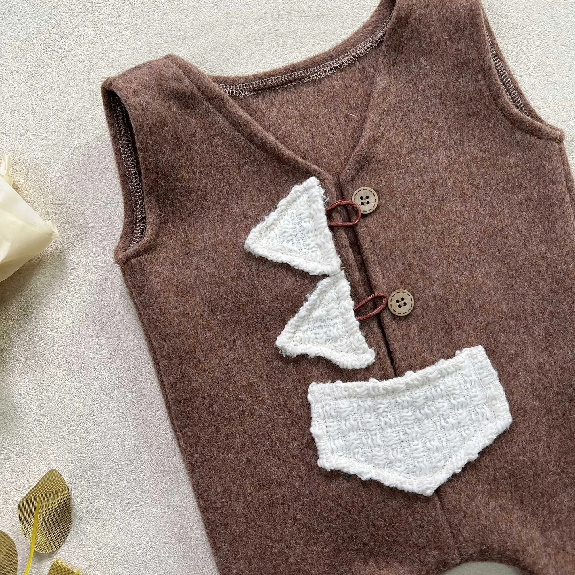 1-2 Years Brown Wool Blend Vest with White Fabric Trim Jumpsuit Cool Birthday Party Outfit Sets Photography Studio Photo Prop