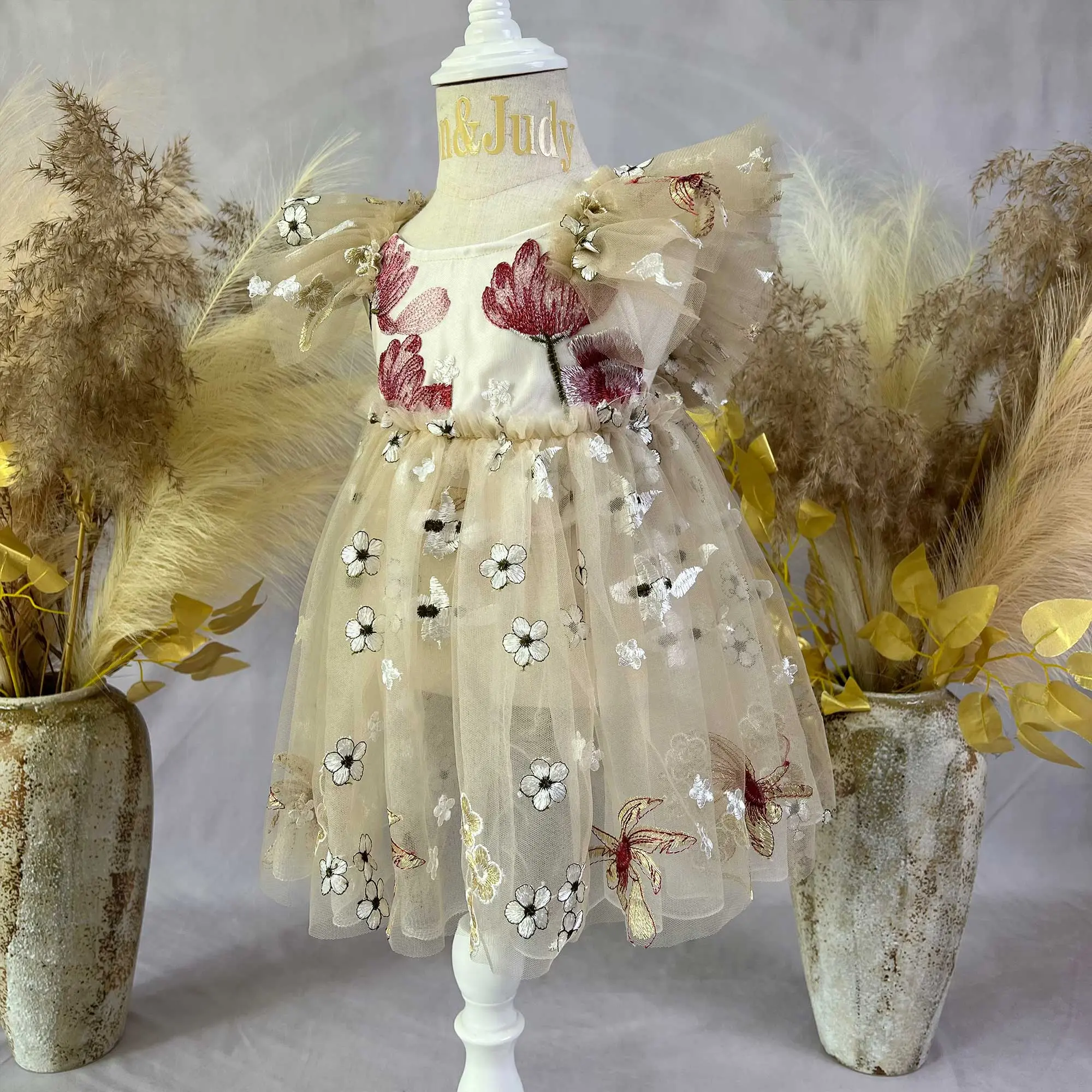 Children's Sleeveless Organza Embroidery Pleated Lace Dress Birthday Ceremonial Ball Flower Girl Gowns Photography Photo Prop