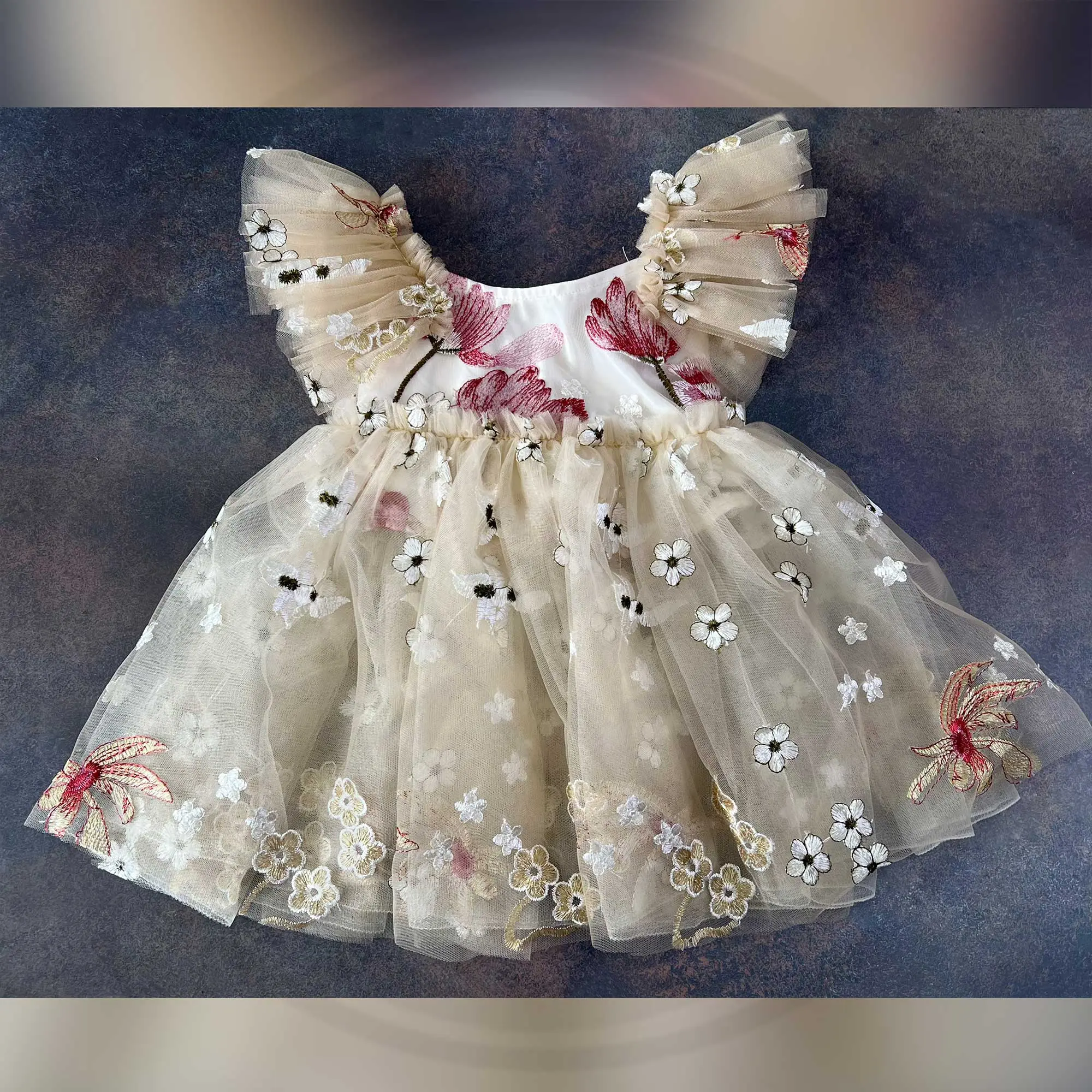 Children's Sleeveless Organza Embroidery Pleated Lace Dress Birthday Ceremonial Ball Flower Girl Gowns Photography Photo Prop