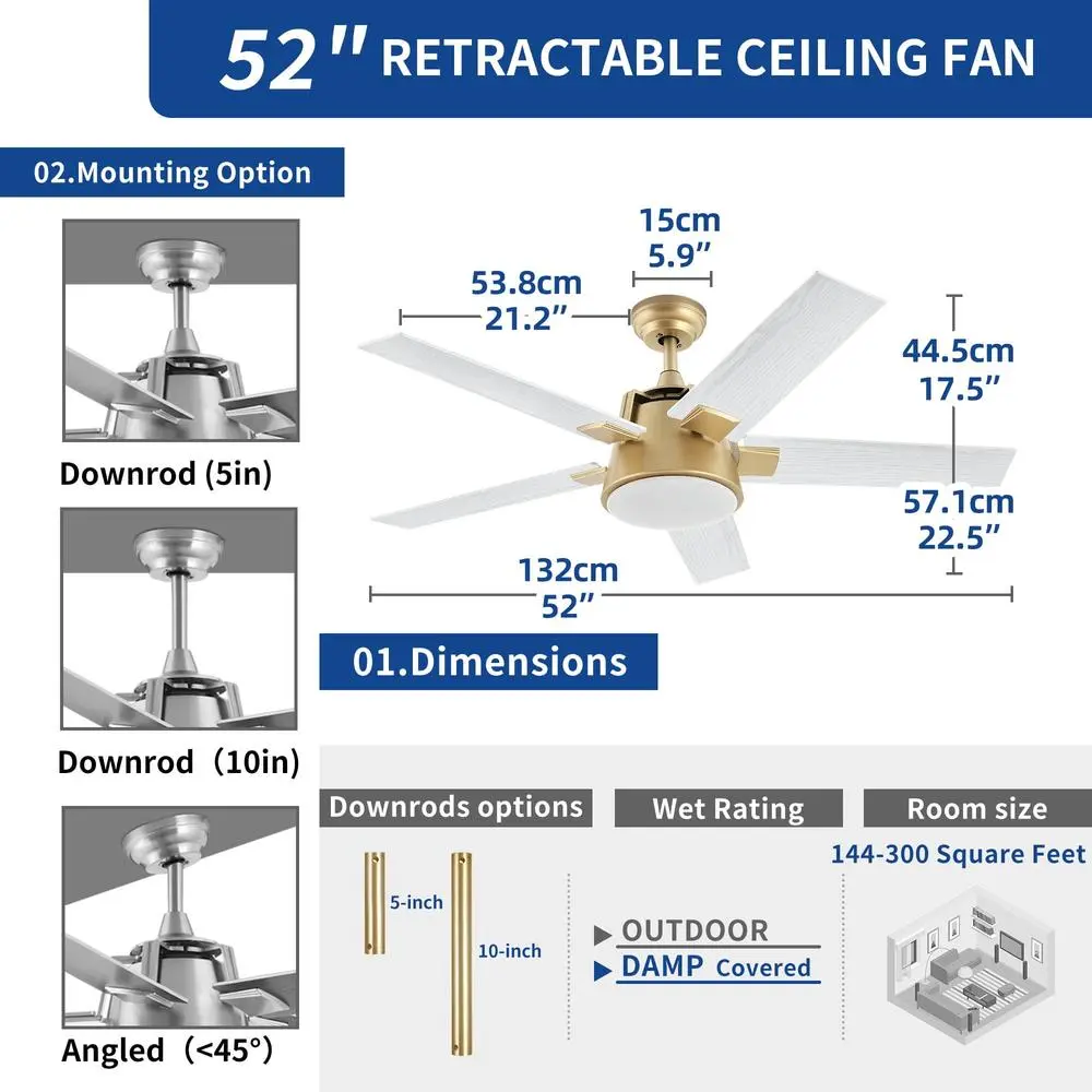 52in Smart Ceiling Fan with Remote LED Light 5 Blades 6 Speed Quiet Motor Reversible Airflow Living Room Bedroom Patio