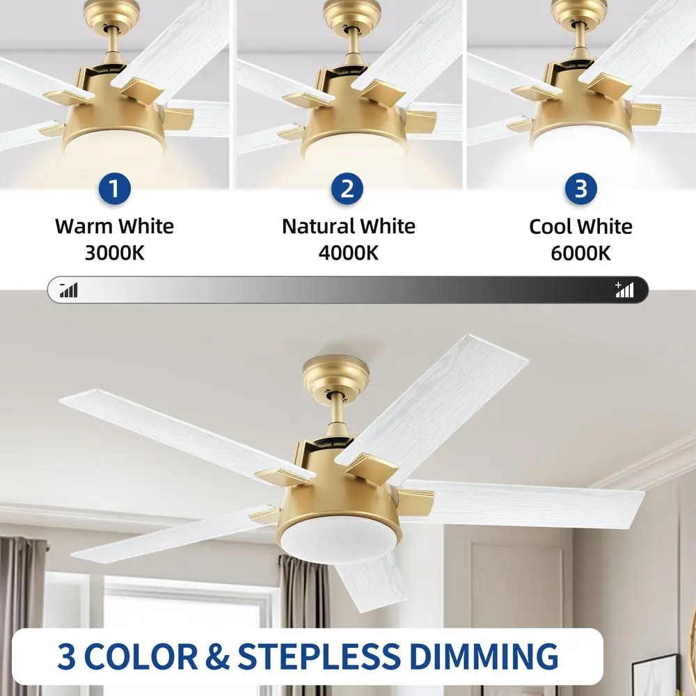 52in Smart Ceiling Fan with Remote LED Light 5 Blades 6 Speed Quiet Motor Reversible Airflow Living Room Bedroom Patio