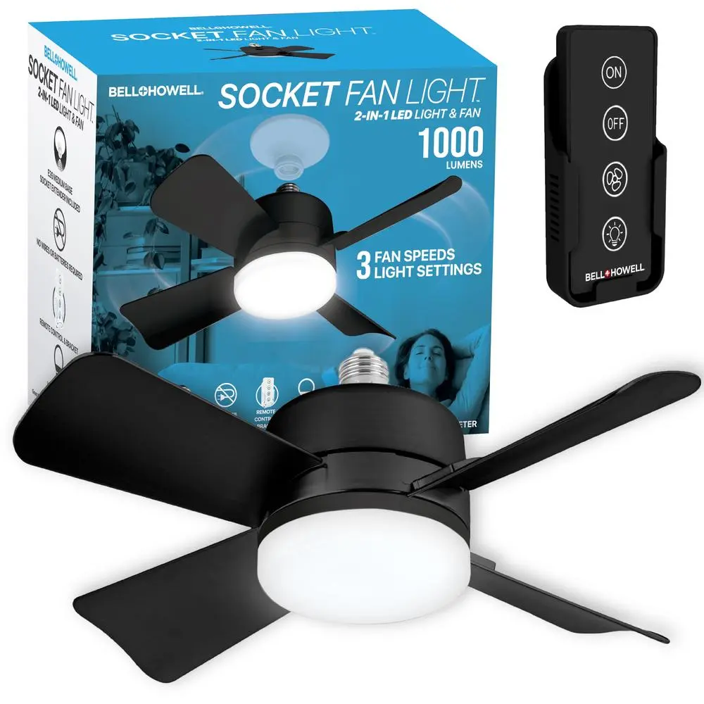 Socket Fan Light 15.4 Inch LED Ceiling Fan with Remote Control 1000 Lumens Dimmable Light Easy Installation Energy Efficient