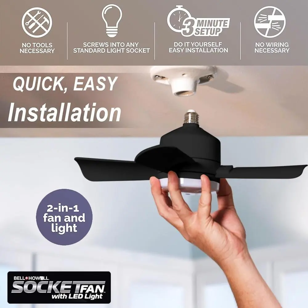 Socket Fan Light 15.4 Inch LED Ceiling Fan with Remote Control 1000 Lumens Dimmable Light Easy Installation Energy Efficient