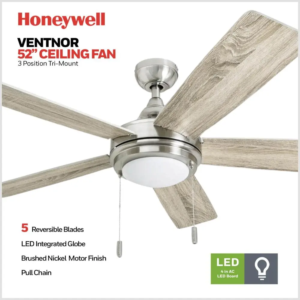 52 Inch Modern LED Ceiling Fan Integrated Light Quiet Reversible Motor Tri-Mount Compatible Easy Control Brushed Nickel Finish