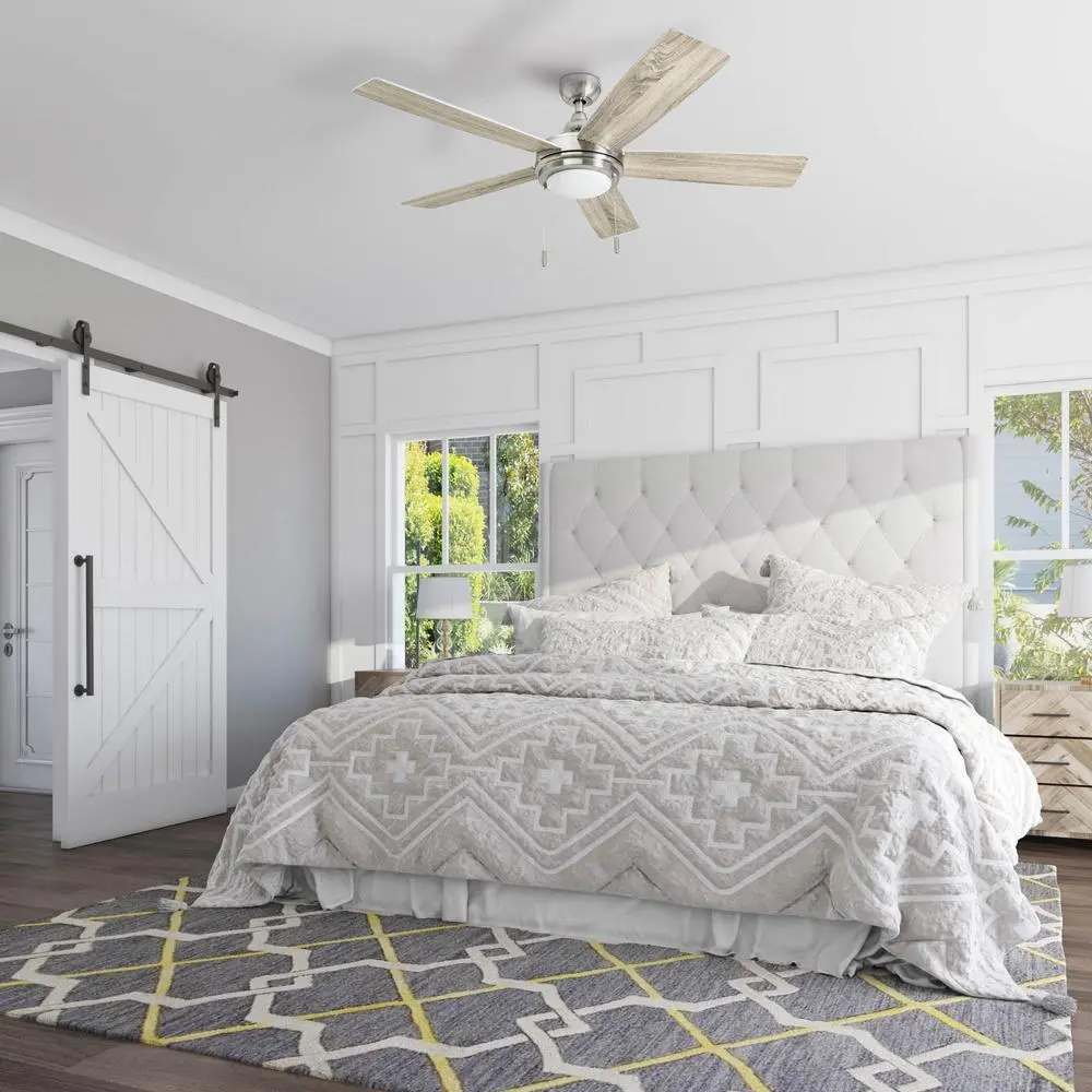52 Inch Modern LED Ceiling Fan Integrated Light Quiet Reversible Motor Tri-Mount Compatible Easy Control Brushed Nickel Finish