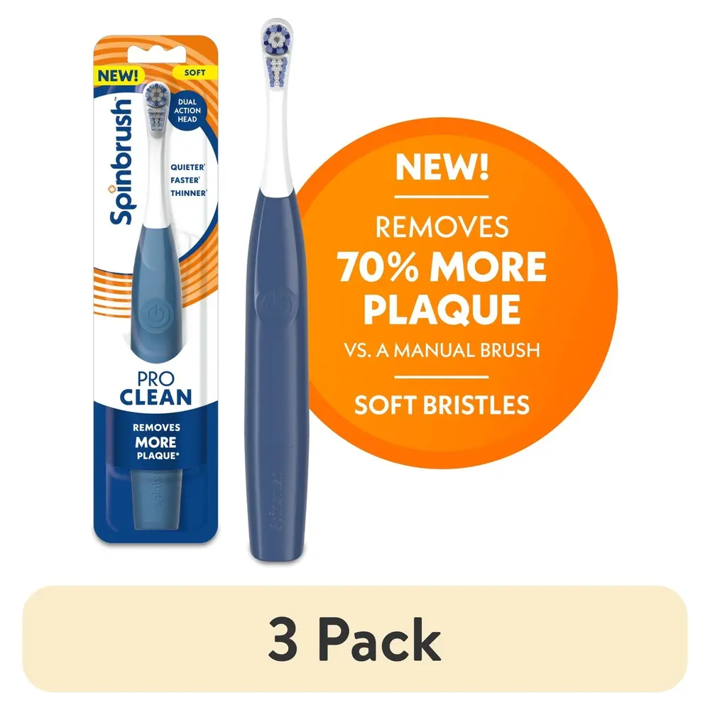 Battery Powered Electric Toothbrush 3 Pack Soft Bristles Quiet Design Plaque Removal Adults Easy Grip Replaceable Batteries