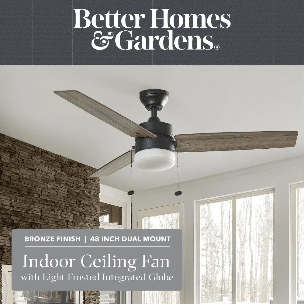 48 Inch Bronze Indoor Ceiling Fan with Light Pull Chains Reversible Blades Quiet Performance Energy Saving Modern Design Ideal