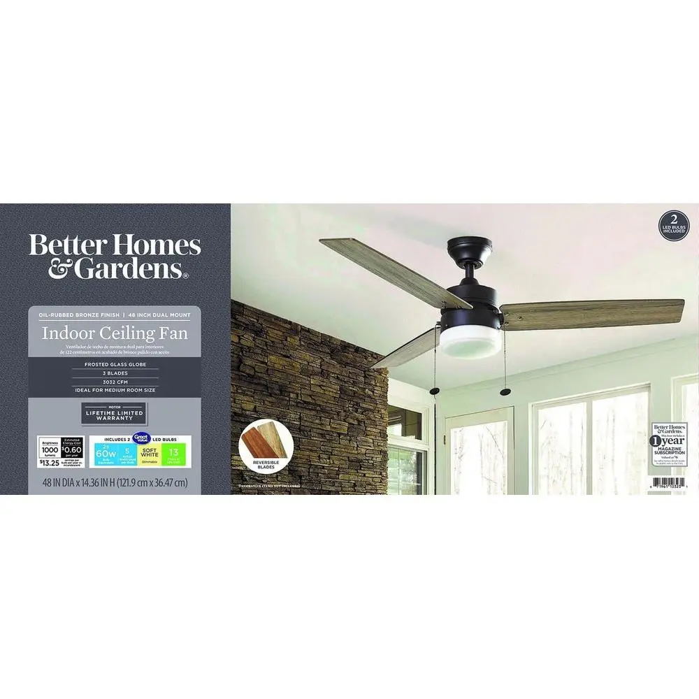 48 Inch Bronze Indoor Ceiling Fan with Light Pull Chains Reversible Blades Quiet Performance Energy Saving Modern Design Ideal