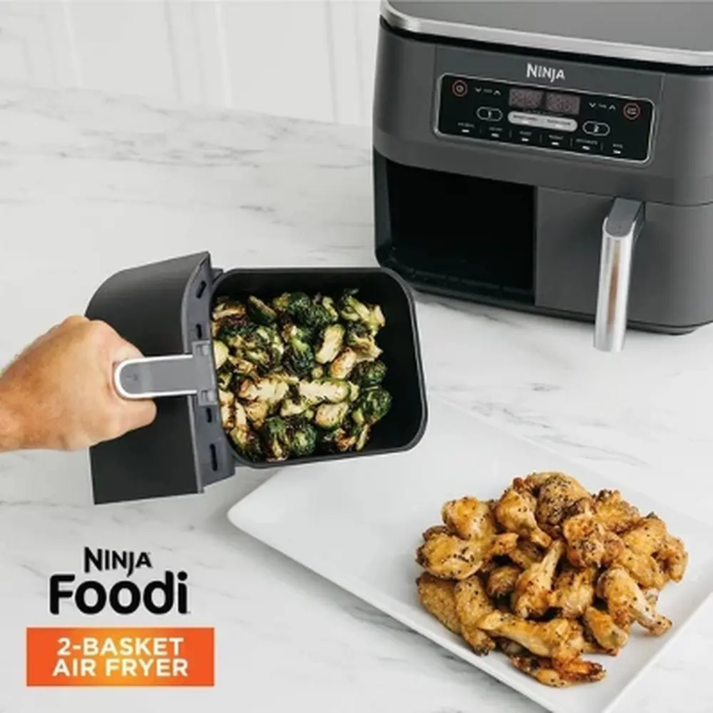 8qt Dualzone Air Fryer with 2 Baskets 6 Functions Smart Finish Dishwasher Safe Stainless Steel Digital Control Healthy Cooking