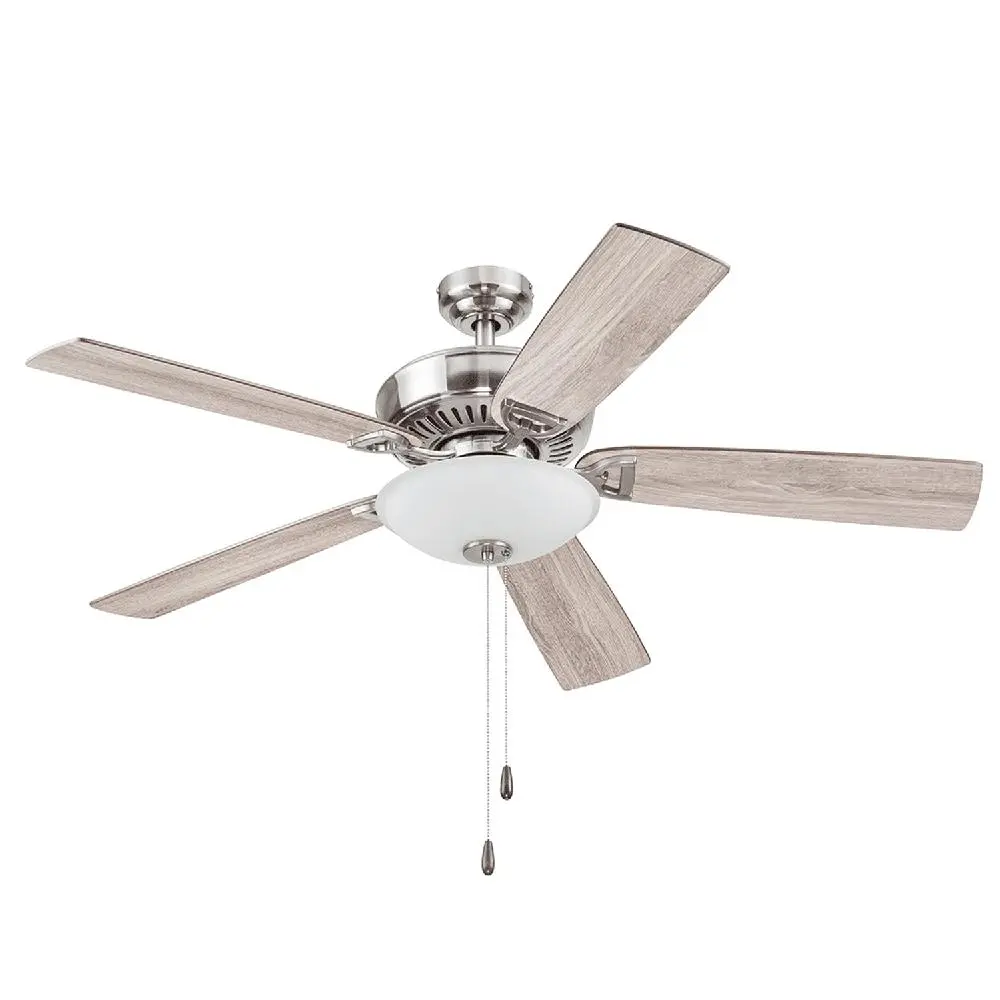 Ceiling Fan 52 Inch Brushed Nickel Five Blades Light Kit Pull Chains Reversible Airflow Quiet Motor Living Room