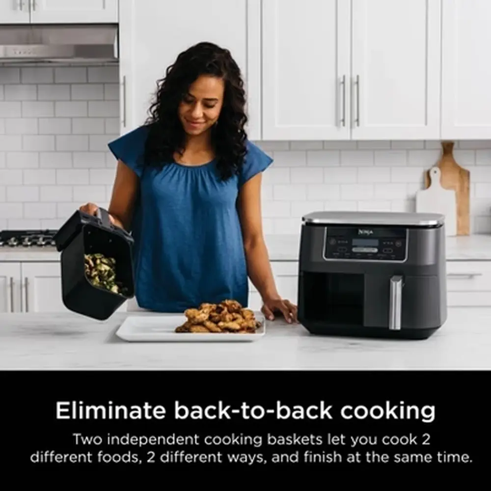 8qt Dualzone Air Fryer with 2 Baskets 6 Functions Smart Finish Dishwasher Safe Stainless Steel Digital Control Healthy Cooking