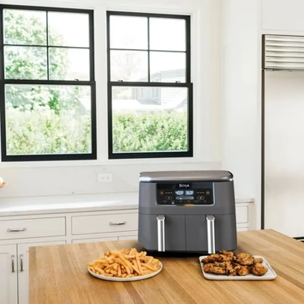 8qt Dualzone Air Fryer with 2 Baskets 6 Functions Smart Finish Dishwasher Safe Stainless Steel Digital Control Healthy Cooking