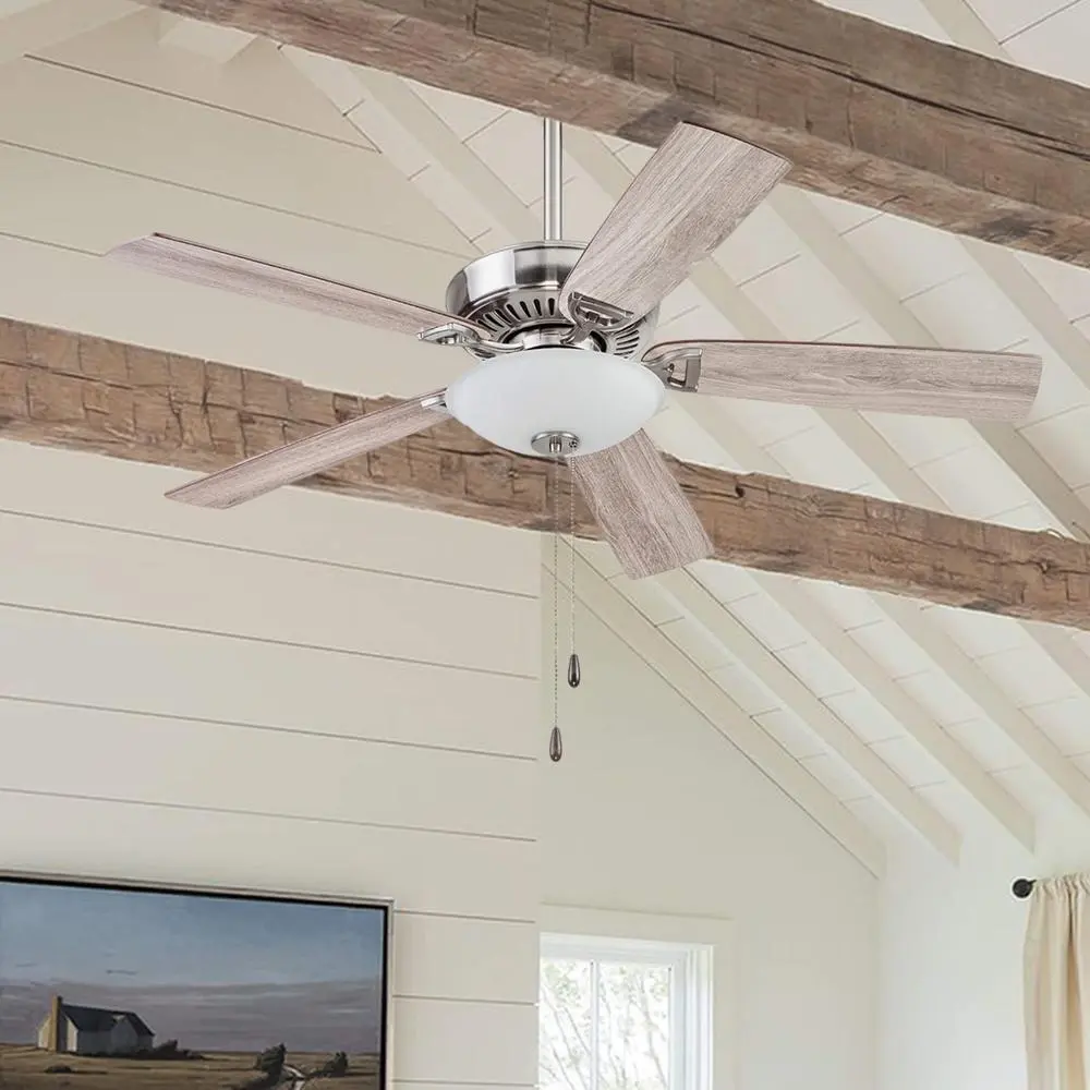 Ceiling Fan 52 Inch Brushed Nickel Five Blades Light Kit Pull Chains Reversible Airflow Quiet Motor Living Room