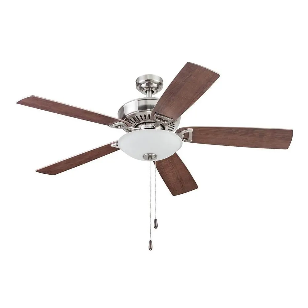 Ceiling Fan 52 Inch Brushed Nickel Five Blades Light Kit Pull Chains Reversible Airflow Quiet Motor Living Room
