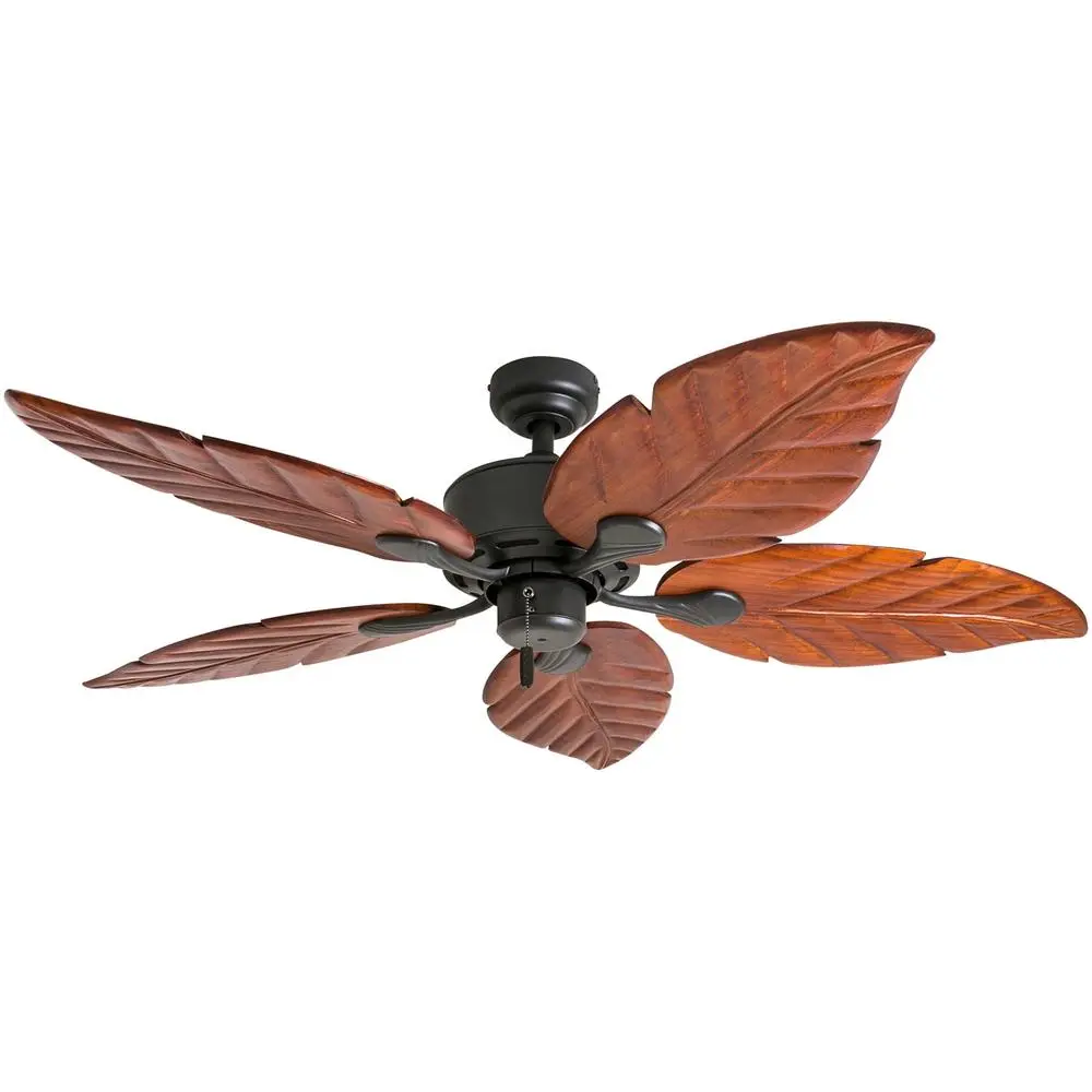 Tropical Ceiling Fan 52in Hand Carved Wooden Blades Pull Chain Reversible Motor Quiet Operation Ideal Medium Large Rooms