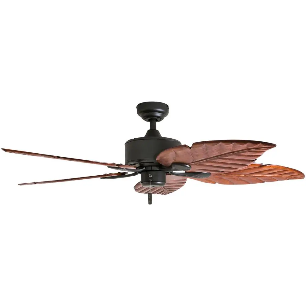 Tropical Ceiling Fan 52in Hand Carved Wooden Blades Pull Chain Reversible Motor Quiet Operation Ideal Medium Large Rooms