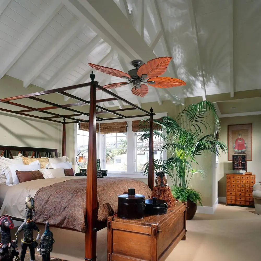 Tropical Ceiling Fan 52in Hand Carved Wooden Blades Pull Chain Reversible Motor Quiet Operation Ideal Medium Large Rooms
