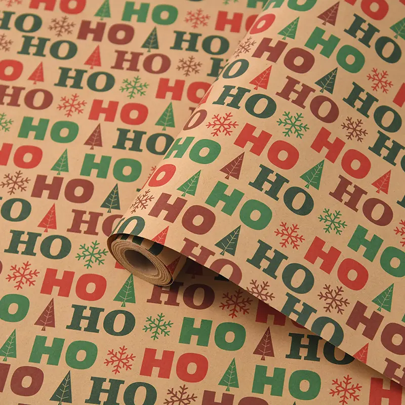 43x1000cm Vintage Kraft Paper Packaging Paper Christmas Gift Wrapping Paper Snowman Bell Christmas Tree Gift Paper