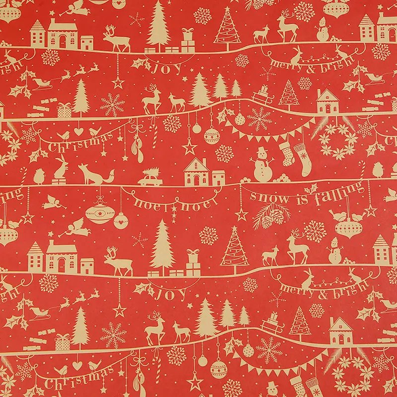 43x1000cm Vintage Kraft Paper Packaging Paper Christmas Gift Wrapping Paper Snowman Bell Christmas Tree Gift Paper