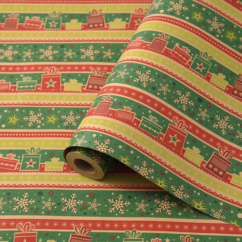 43x1000cm Vintage Kraft Paper Packaging Paper Christmas Gift Wrapping Paper Snowman Bell Christmas Tree Gift Paper