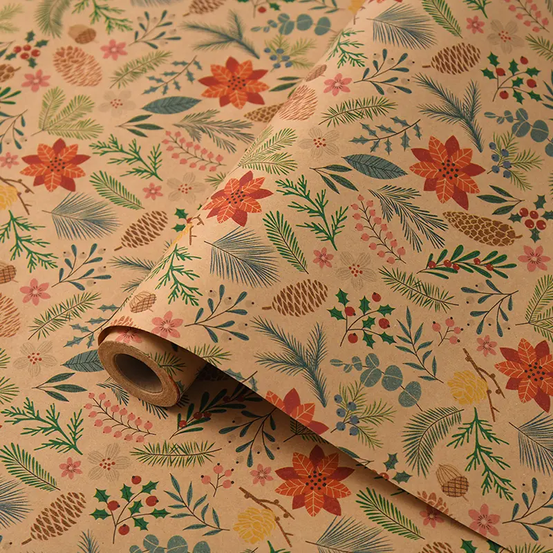 43x1000cm Vintage Kraft Paper Packaging Paper Christmas Gift Wrapping Paper Snowman Bell Christmas Tree Gift Paper