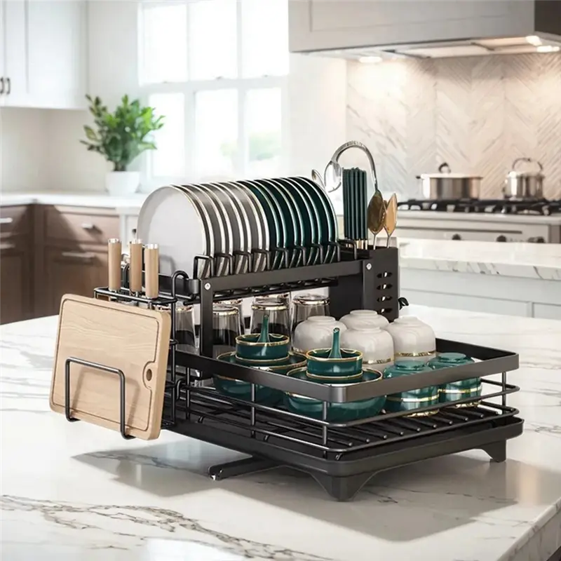 HGHO Carbon Steel Dish Rack With Drainboard, Sink Organizer, Dish Strainer Shelf For Kitchen Counter Storage