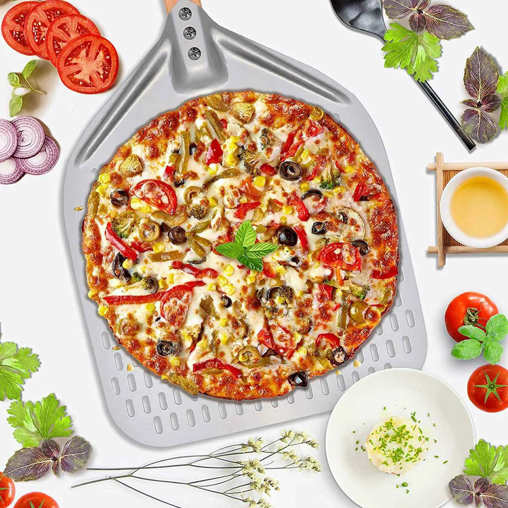 HGHO 2X Perforated Pizza Peel,Professional Anodized Aluminum Pizza Peels, Rectangular Pizza Turning Spatula With Detachable
