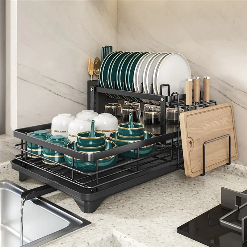 HGHO Carbon Steel Dish Rack With Drainboard, Sink Organizer, Dish Strainer Shelf For Kitchen Counter Storage