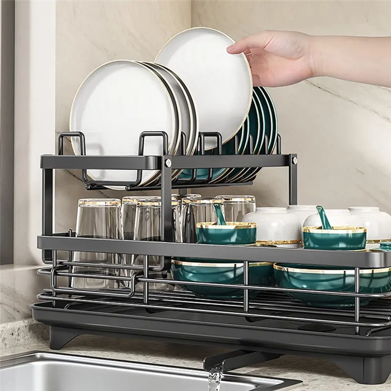 HGHO Carbon Steel Dish Rack With Drainboard, Sink Organizer, Dish Strainer Shelf For Kitchen Counter Storage