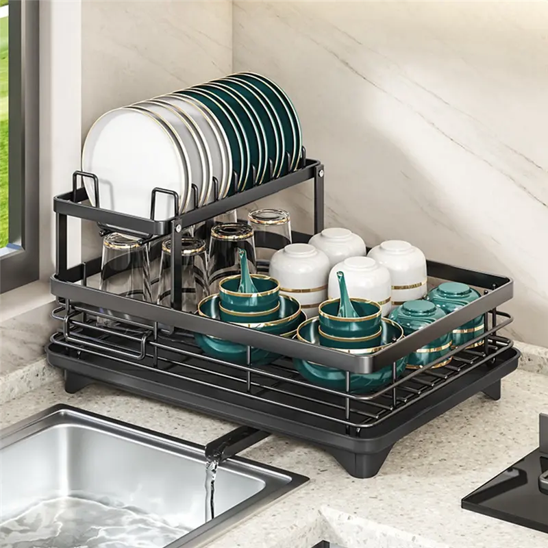 HGHO Carbon Steel Dish Rack With Drainboard, Sink Organizer, Dish Strainer Shelf For Kitchen Counter Storage