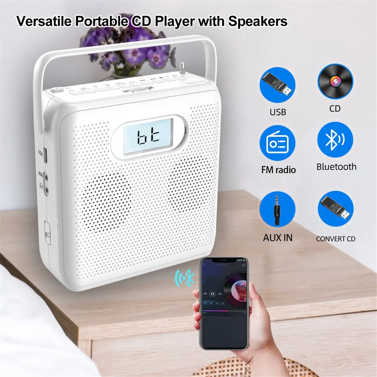 New Portable Bluetooth CD Player with Vertical Design, CD Boombox Speakers, FM Radio, Support USB, AUX ,and LCD Display