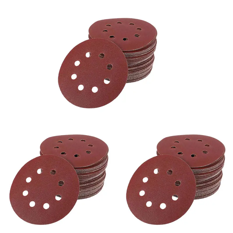 HGHO 150Pcs 5 Inch 125Mm Round Sandpaper Eight Hole Disk Sand Sheets Grit 40/60/80/120/240 Hook And Loop Sanding Disc Polish