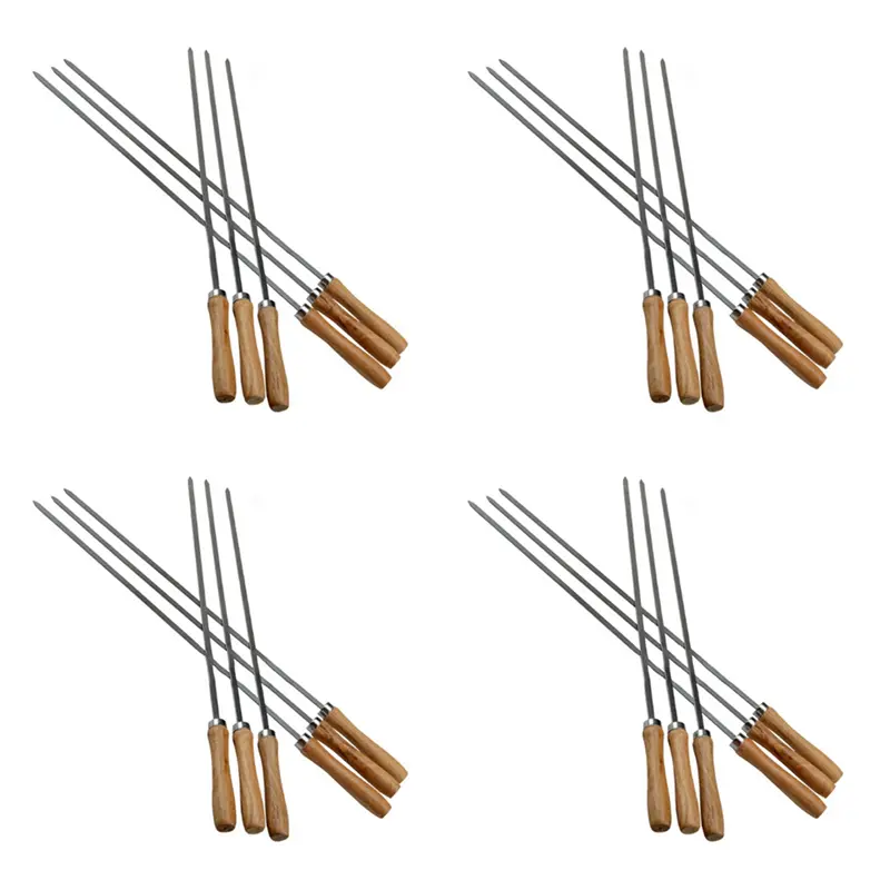 HGHO Kebab BBQ Stainless Steel Skewers With Wooden Handles Flat Reusable Metal Skewer Sticks With Storage Pouch 24Pcs