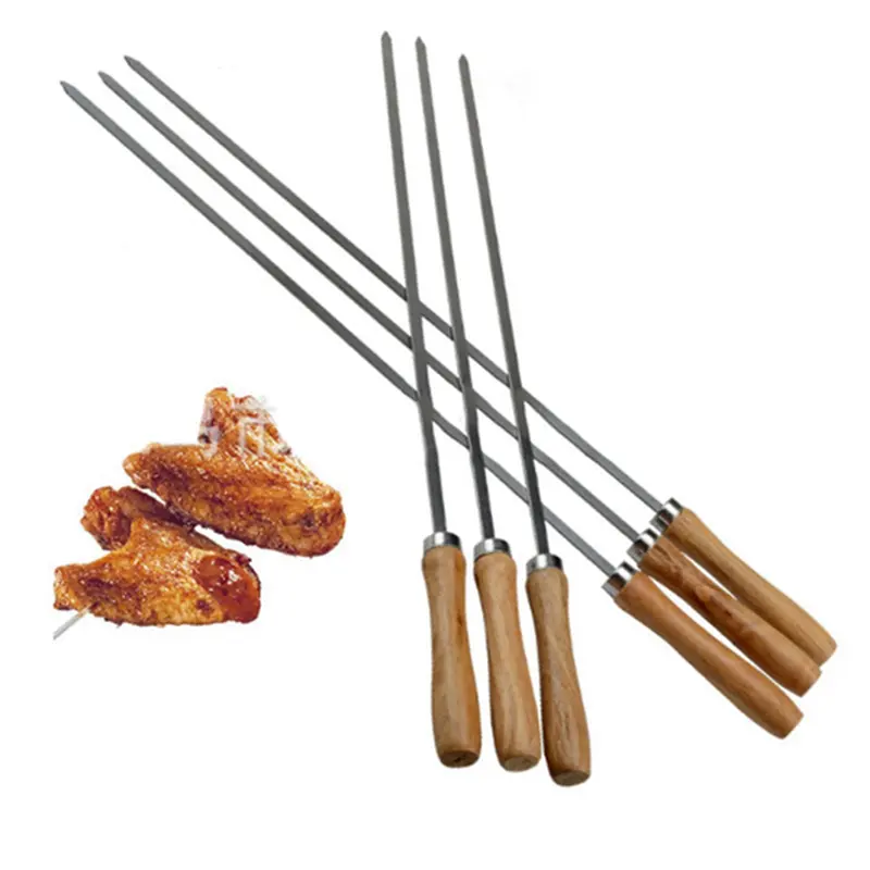 HGHO Kebab BBQ Stainless Steel Skewers With Wooden Handles Flat Reusable Metal Skewer Sticks With Storage Pouch 24Pcs
