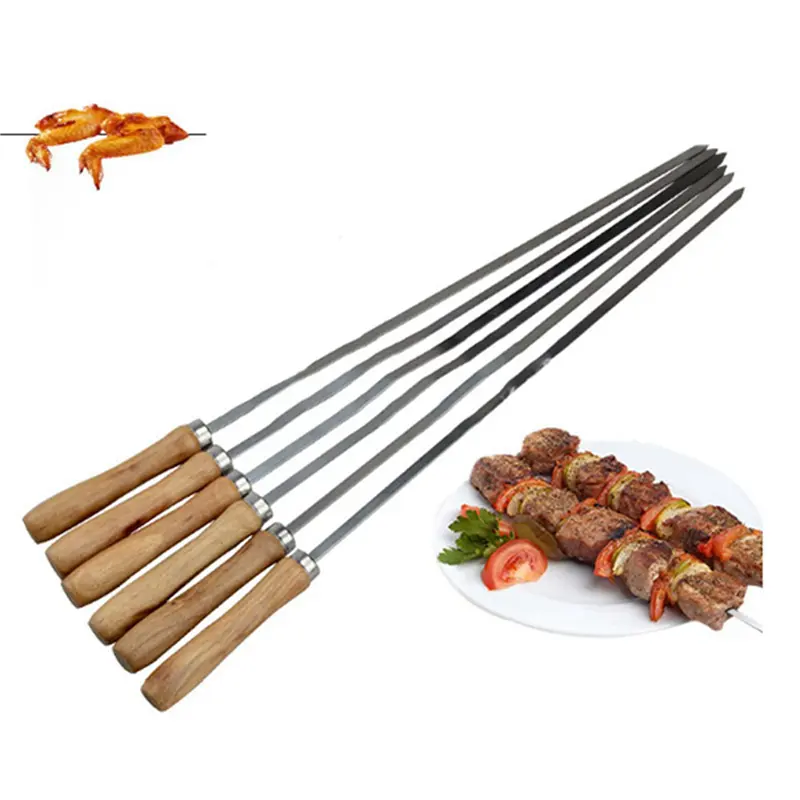 HGHO Kebab BBQ Stainless Steel Skewers With Wooden Handles Flat Reusable Metal Skewer Sticks With Storage Pouch 24Pcs