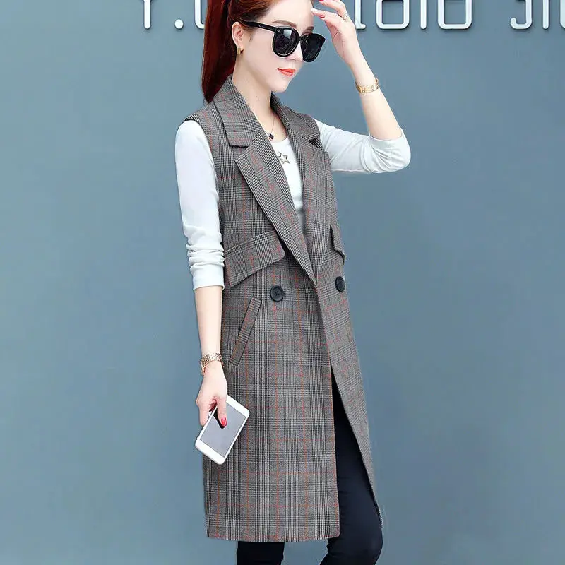 2022 New Fashion Spring Autumn Women's Plaid Vest Double Breasted Sleeveless Jacket Long Vest Female Waistcoat Windbreaker Coat