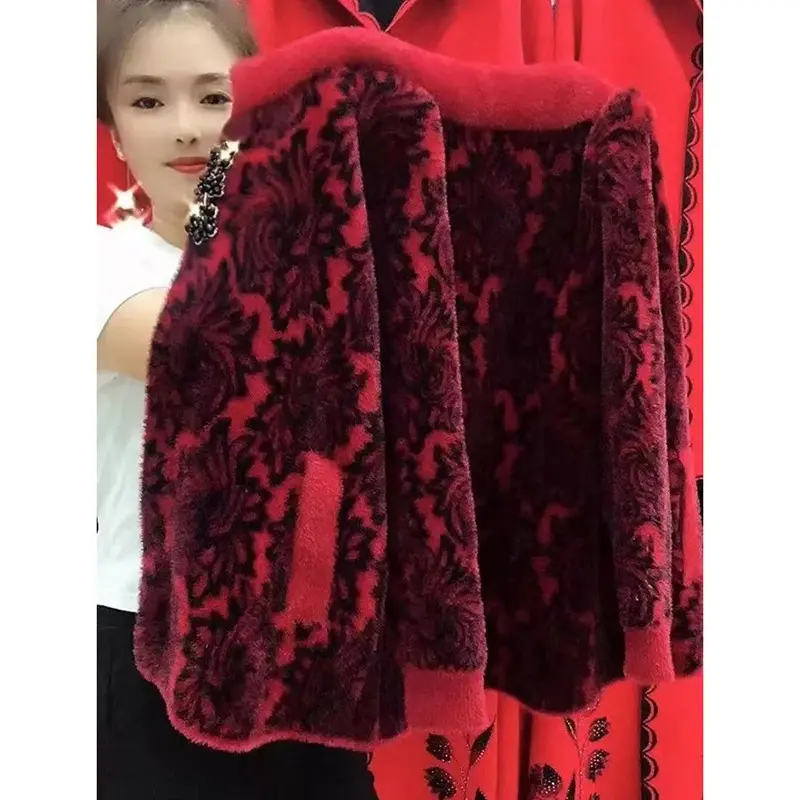 New Middle Aged Elderly Mother Imitation Mink Velvet Coat Women's Autumn Winter Thick Warm Cardigan Sweater Female Jacket