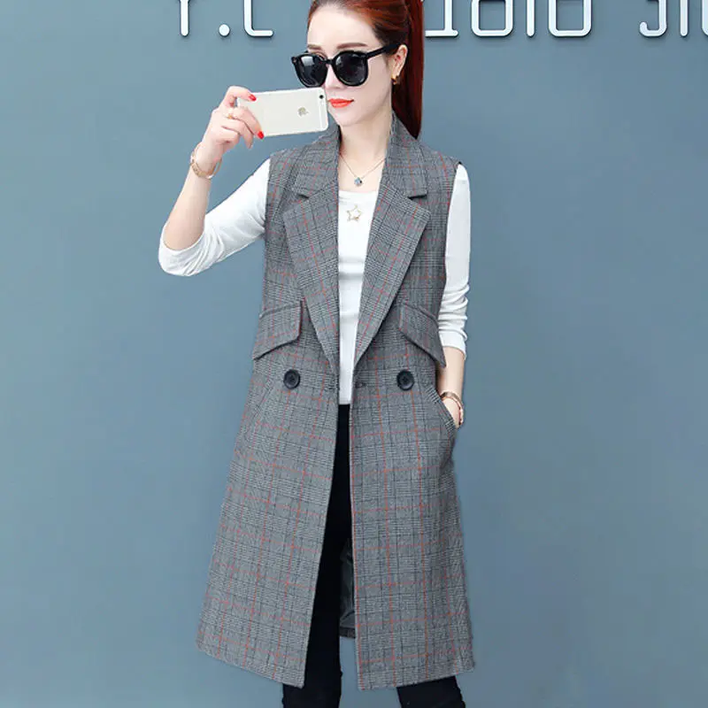 2022 New Fashion Spring Autumn Women's Plaid Vest Double Breasted Sleeveless Jacket Long Vest Female Waistcoat Windbreaker Coat
