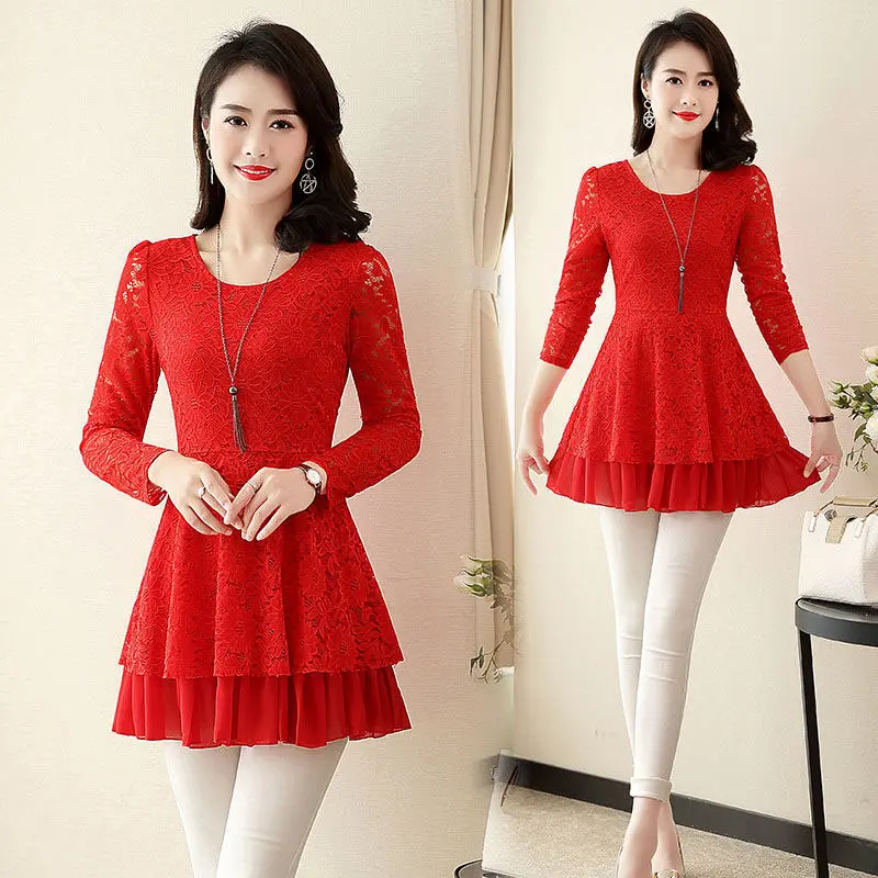 Women's T-shirt Spring a Autumn 2025 New middle aged Lace shirt Women Loose Long-sleeved bottoming Shirt Casual Female Top A560
