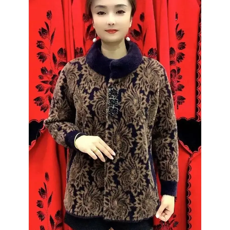 New Middle Aged Elderly Mother Imitation Mink Velvet Coat Women's Autumn Winter Thick Warm Cardigan Sweater Female Jacket