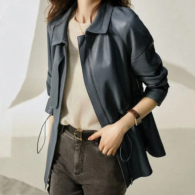 Fashion Leather Jacket Women Western-Style Mid Length 2024 Spring Autumn New Loose Korean Slim pu Leather Windbreak Female Tops
