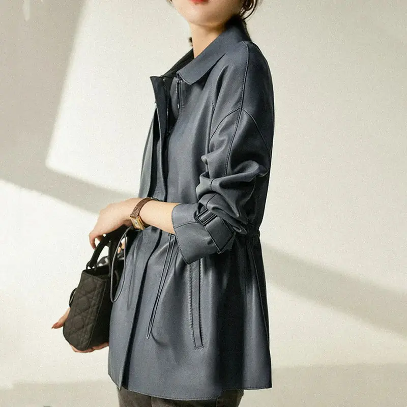 Fashion Leather Jacket Women Western-Style Mid Length 2024 Spring Autumn New Loose Korean Slim pu Leather Windbreak Female Tops